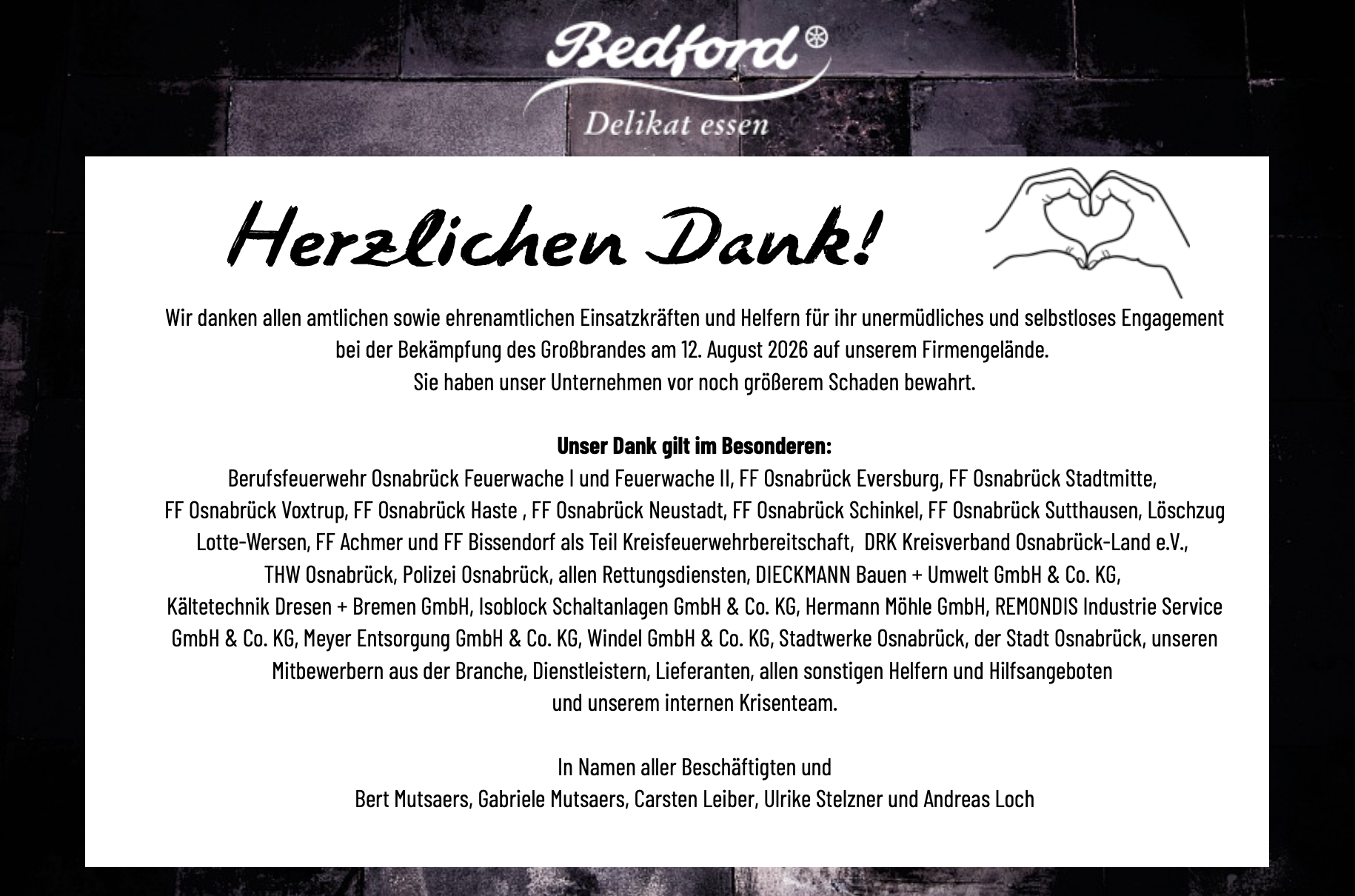 Dankesanzeige der Bedford Wurst- & Schinkenmanufaktur an Feuerwehr, Rettungskräfte und Helfer